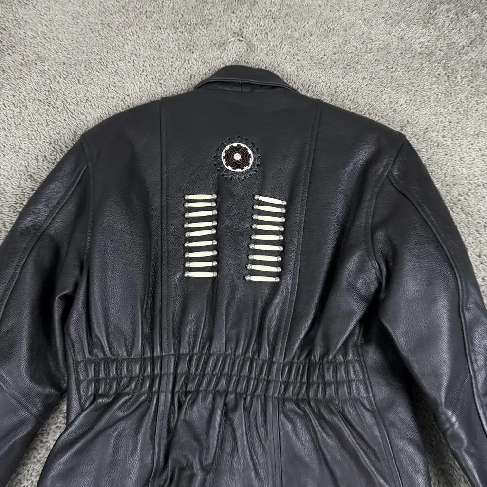 Jim Leather Jacket Womens Large Black Western Bone Bead Biker Motorcycle Zip - Picture 7 of 11